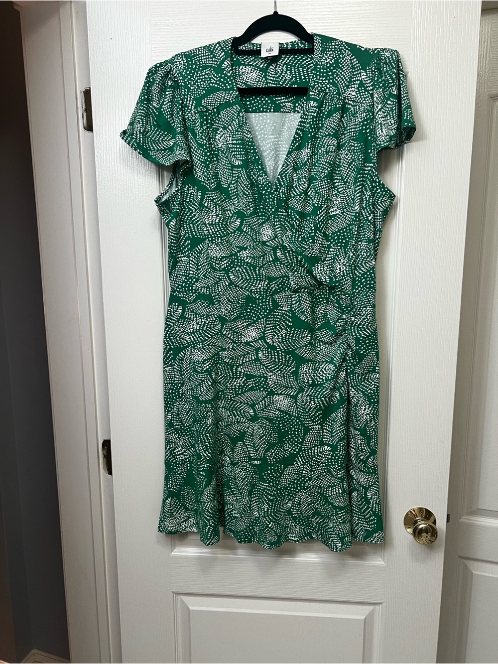 CAbi Green and White Printed Wrap-Style Dress